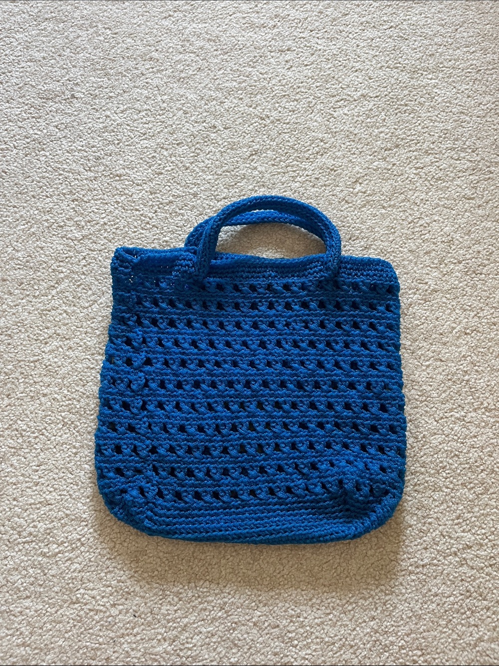 Handmade Deep Blue Crochet Tote Bag with Short Handles